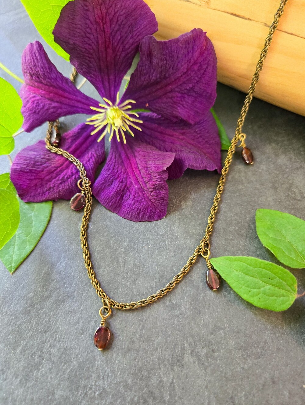 NWR Artisan-Made Garnet Charm Aged Brass Necklace